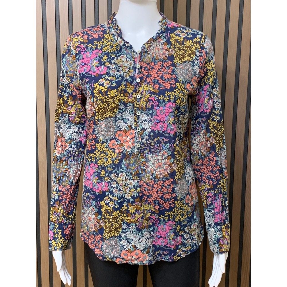 Talbots Women's Small Floral Cotton Blouse Long Sleeve Ruffle Neck Navy Multi
